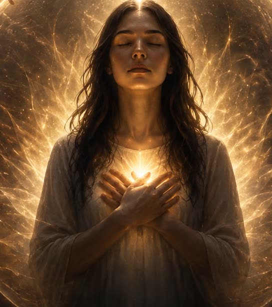 Ilustração: mulher serena com as mãos ao peito, envolvida por um campo de luz dourada